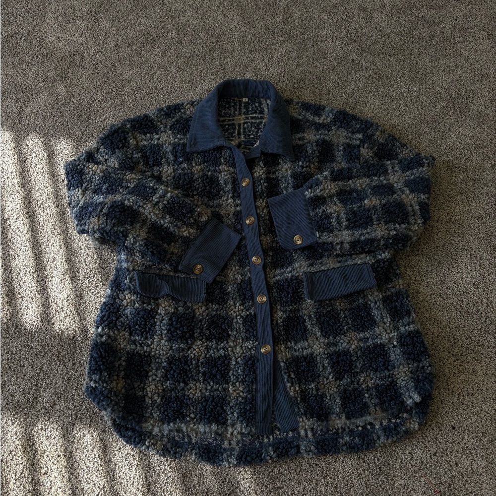 Plaid Teddy Button Down Oversized Shacket - Blue … - image 6
